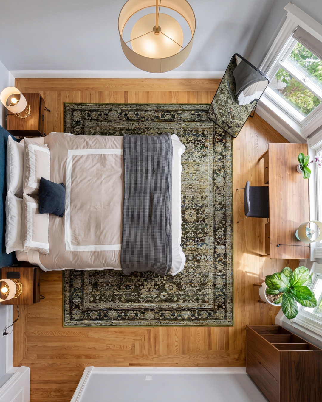 Oriental Weavers Andorra 7125C Green Brown rug in modern bedroom overhead view