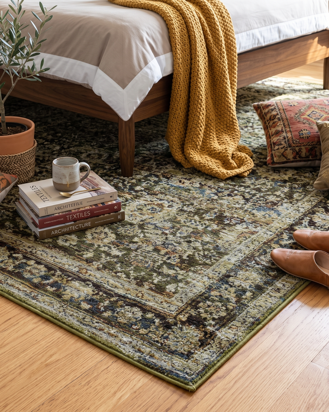 Oriental Weavers Andorra 7125C Green Brown rug styled bedroom scene