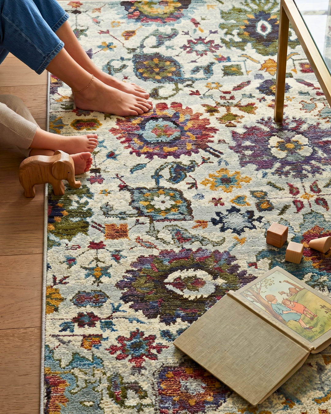 Oriental Weavers Andorra 7129A Stone Multi soft floral rug with family-friendly design.