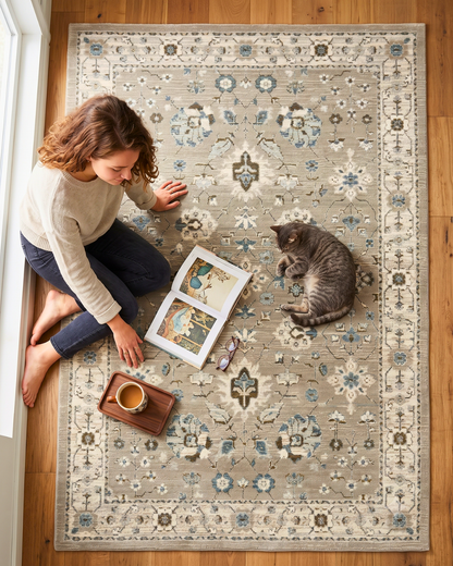 Oriental Weavers Andorra 8930L Beige Ivory traditional rug with subtle blue floral accents.