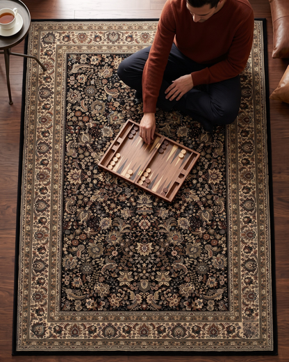 Oriental Weavers Ariana 213K8 Black Ivory Persian rug lifestyle with board game