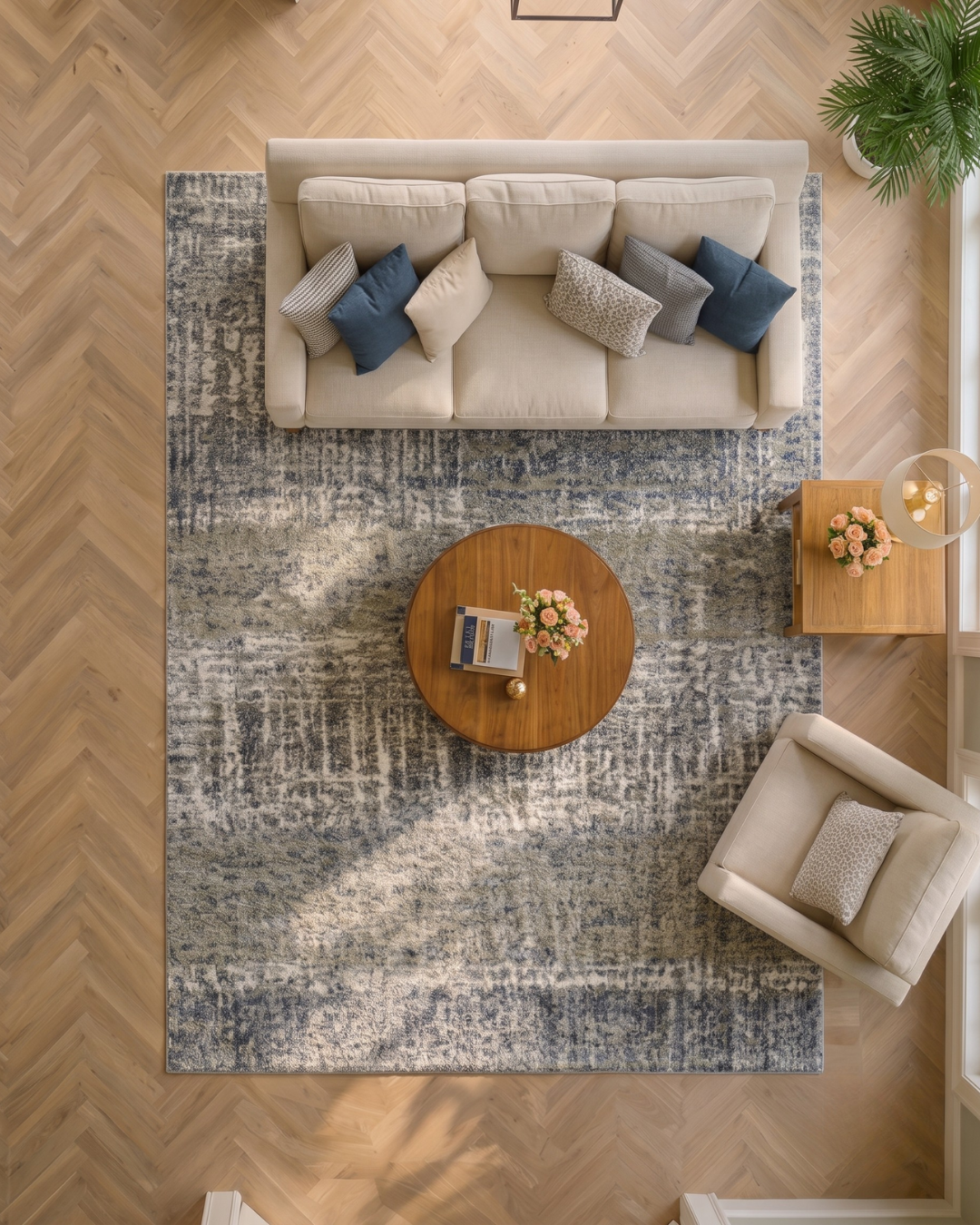 Oriental Weavers Aspen 530J9 Grey Ivory abstract rug overhead living room