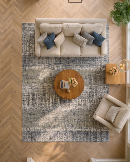 Oriental Weavers Aspen 530J9 Grey Ivory abstract rug overhead living room