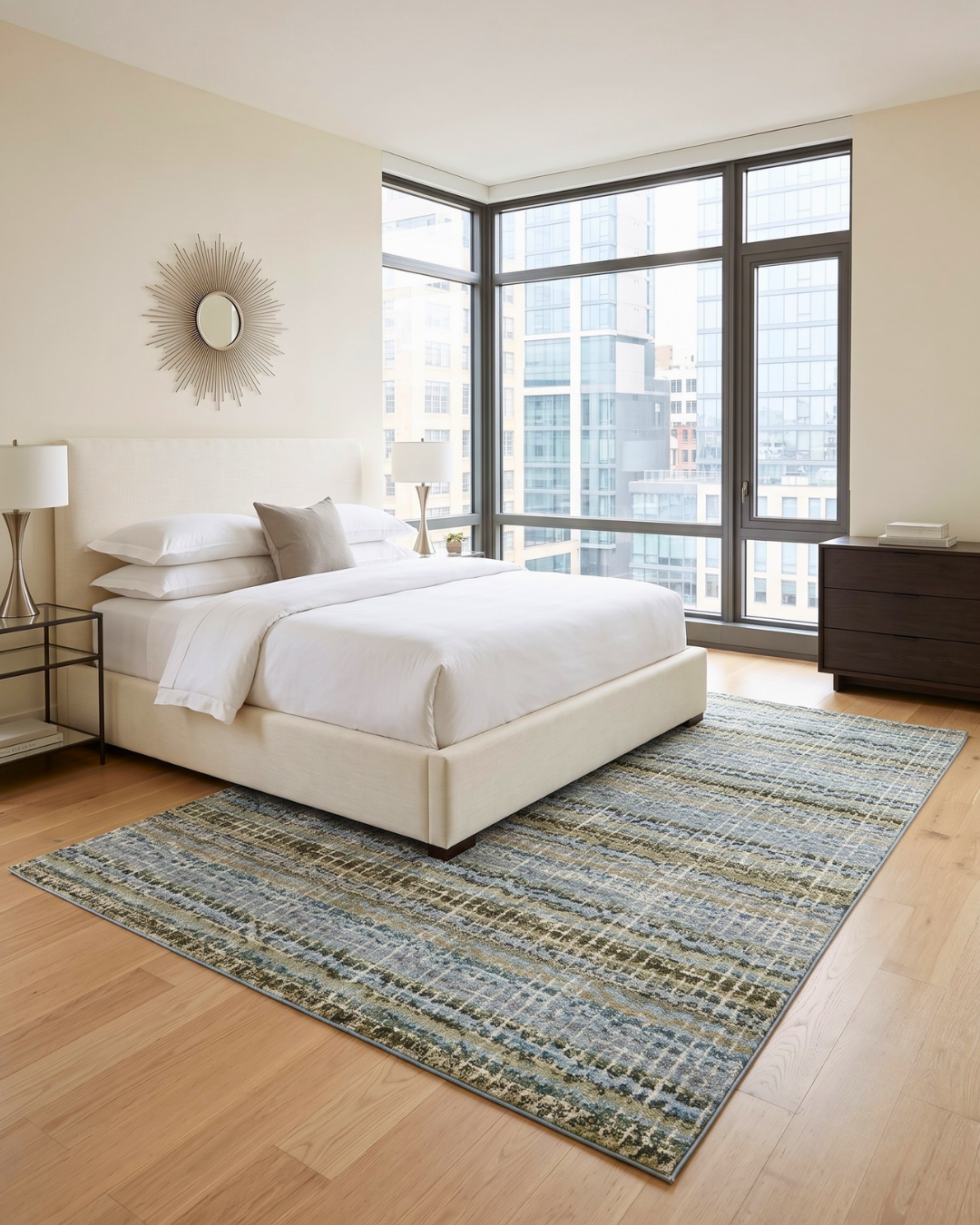 Oriental Weavers Atlas 747B0 Blue Green contemporary rug in bright bedroom