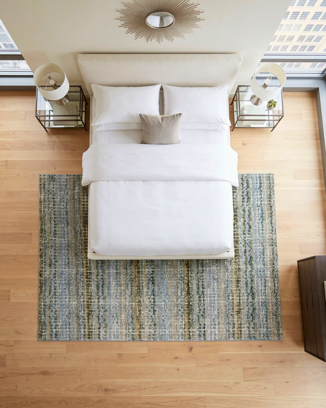 Oriental Weavers Atlas 747B0 Blue Green abstract rug in modern bedroom overhead view