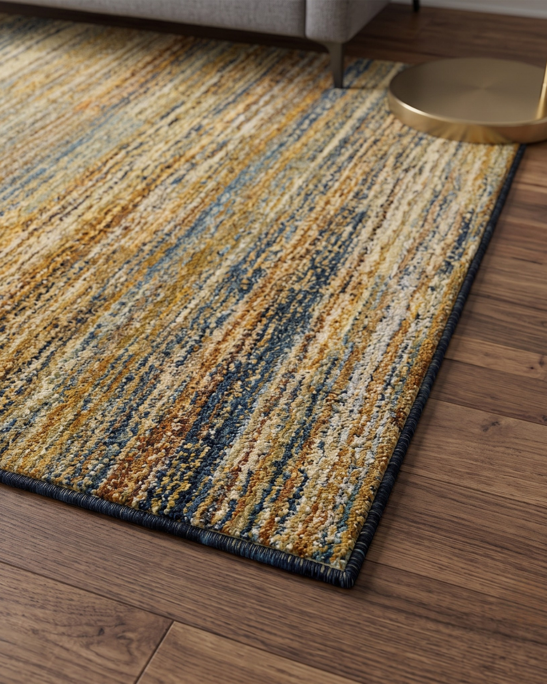 Oriental Weavers Atlas 8037J Gold Green abstract rug corner detail with textured gold and blue pattern