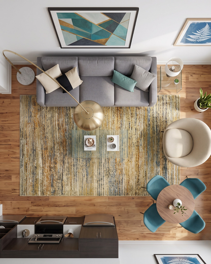 Oriental Weavers Atlas 8037J Gold Green abstract rug in modern living room overhead view
