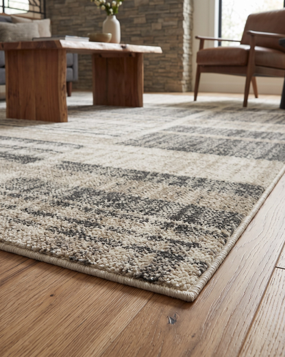 Oriental Weavers Cambria 055X2 Tan Charcoal plaid rug corner texture close-up
