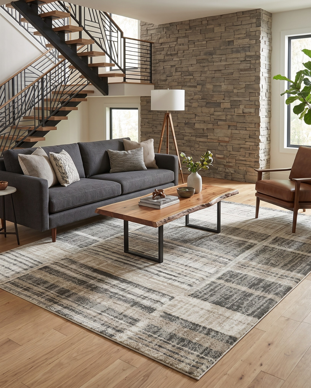 Oriental Weavers Cambria 055X2 Tan Charcoal plaid area rug in contemporary living room