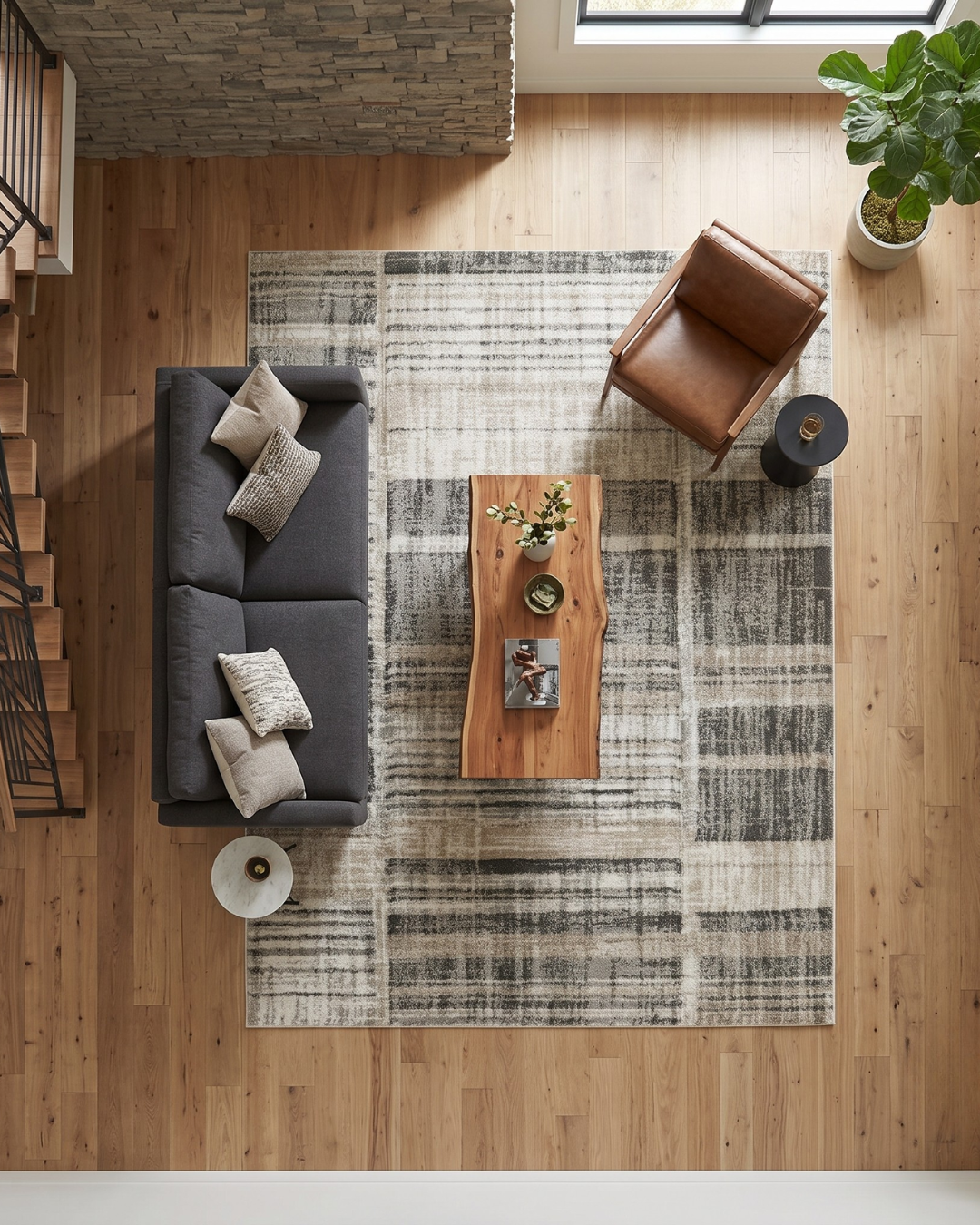 Oriental Weavers Cambria 055X2 Tan Charcoal plaid rug in modern living room overhead view