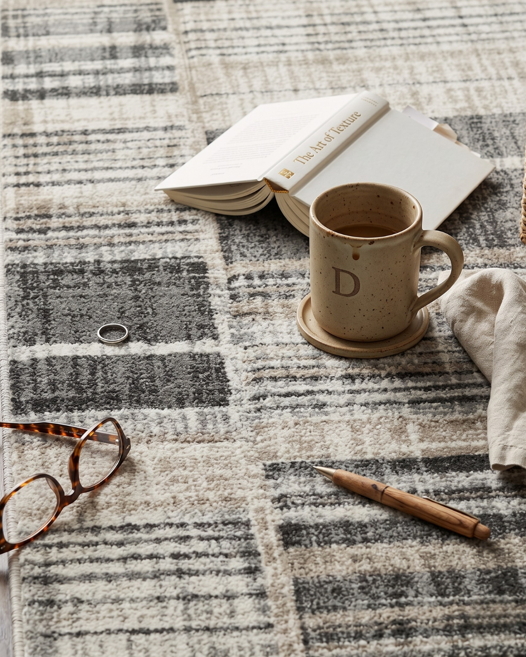 Oriental Weavers Cambria 055X2 Tan Charcoal plaid rug styled with coffee mug and book