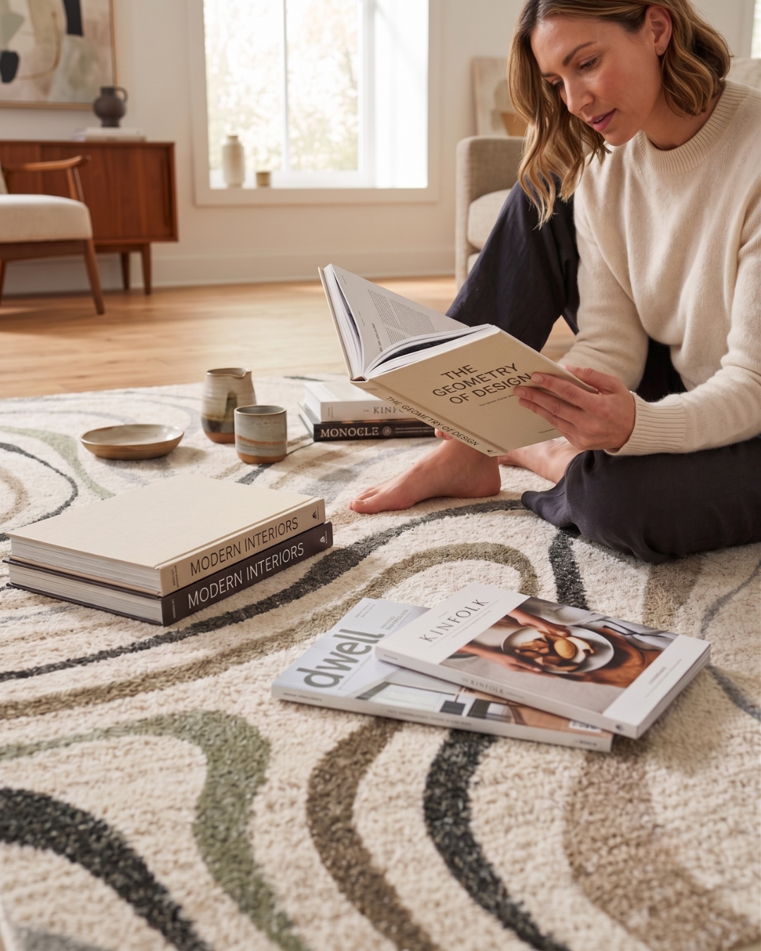 Oriental Weavers Cambria 162W2 Beige Multi rug with abstract wave design in modern living room