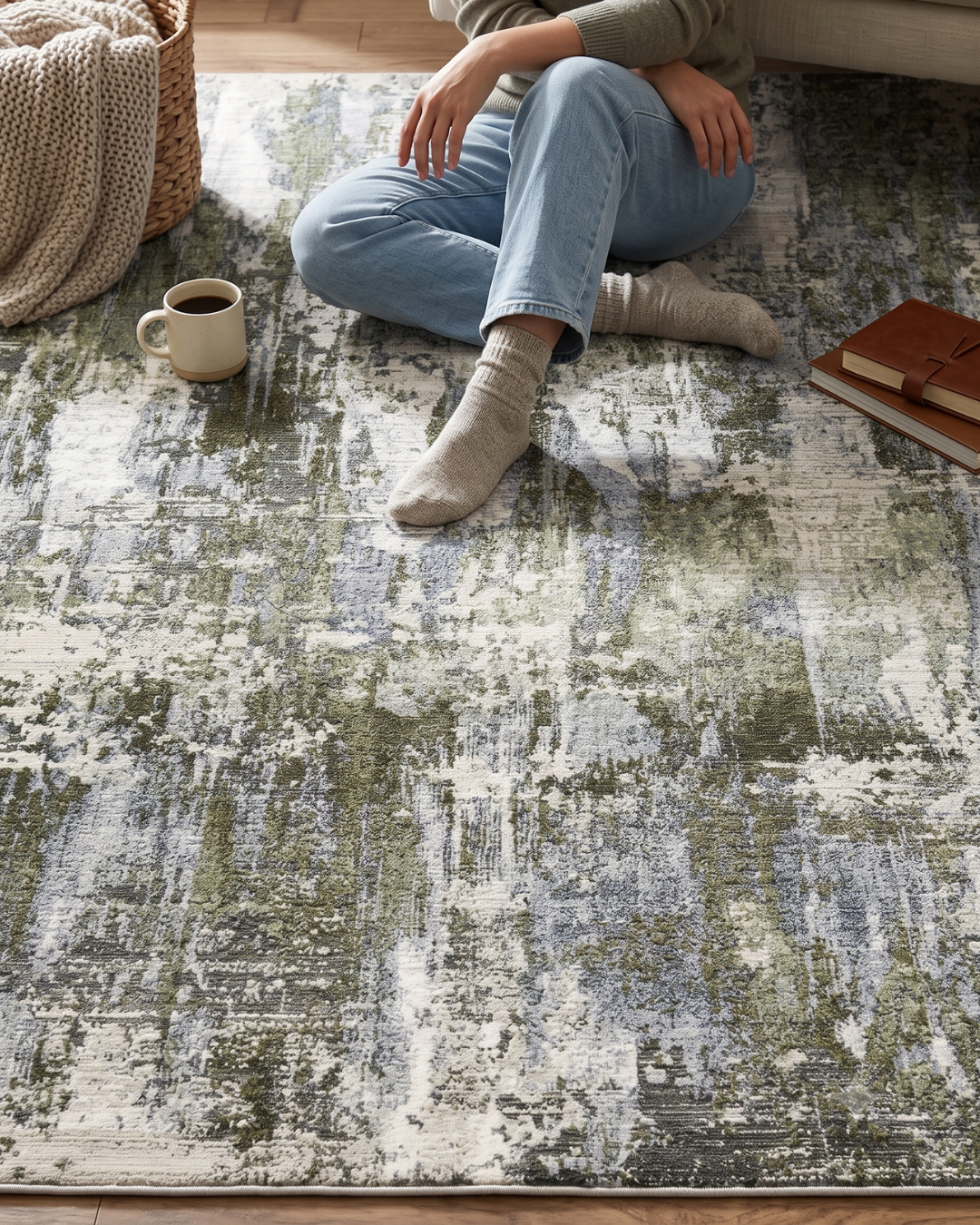Oriental Weavers Caravan 2060F Green Blue abstract rug with coffee mug
