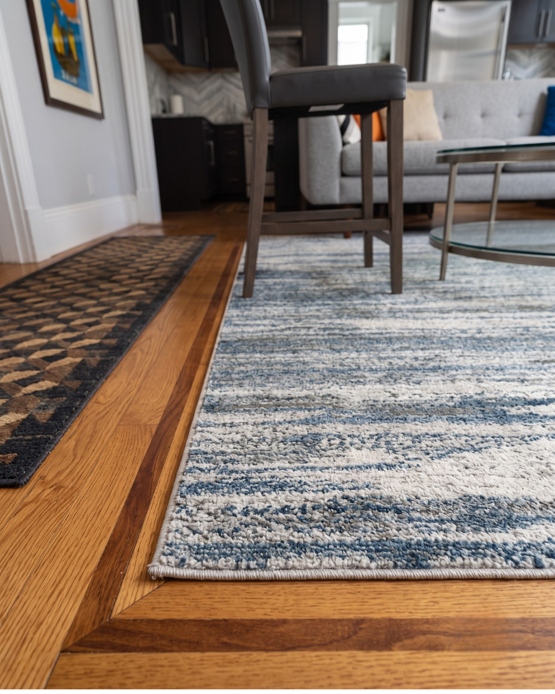 Oriental Weavers Caravan 750W8 Blue Grey rug corner detail in living room