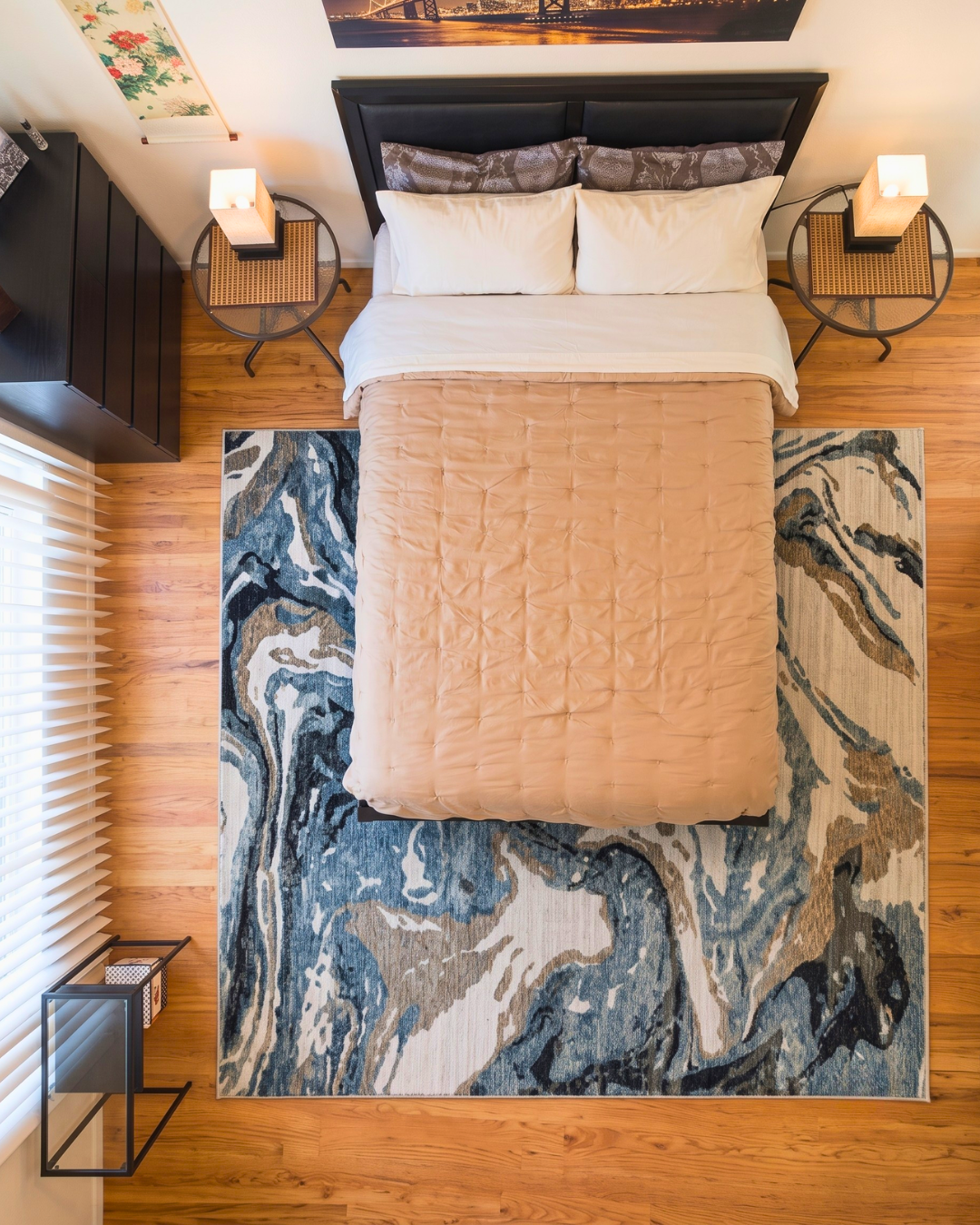 Oriental Weavers Echo ECH07 Blue Ivory abstract rug in modern bedroom overhead view
