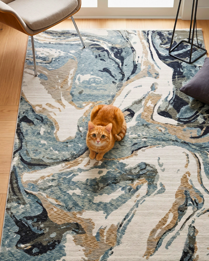 Oriental Weavers Echo ECH07 Blue Ivory abstract rug with cat in modern room