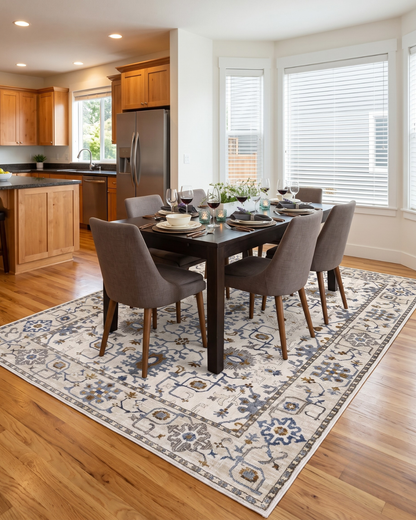 Oriental Weavers Ellington ELL10 Ivory Blue traditional rug beneath dining table