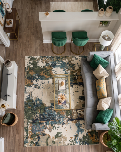 Oriental Weavers Evolution 0981A Ivory Multi abstract rug in modern living room overhead view