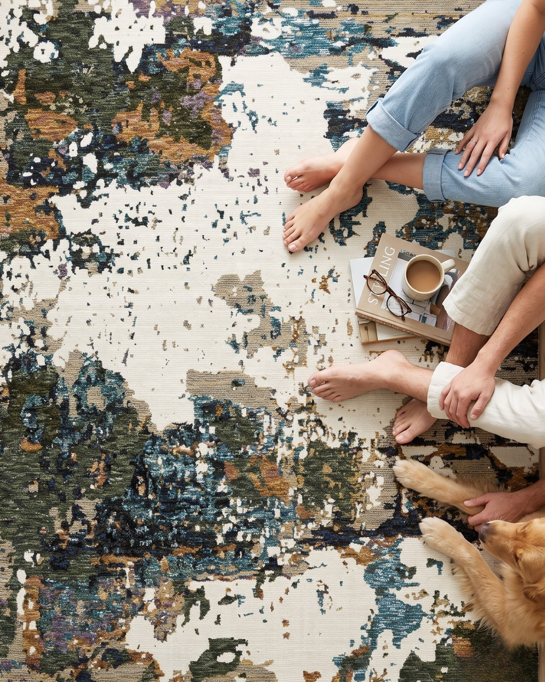 Oriental Weavers Evolution 0981A Ivory Multi abstract rug with family and dog