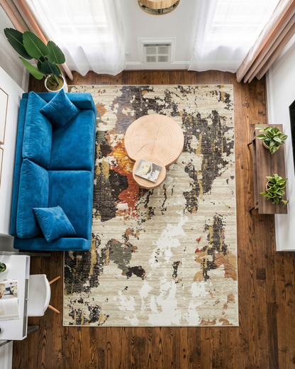 Oriental Weavers Evolution 7770J Beige Charcoal abstract rug in modern living room overhead view