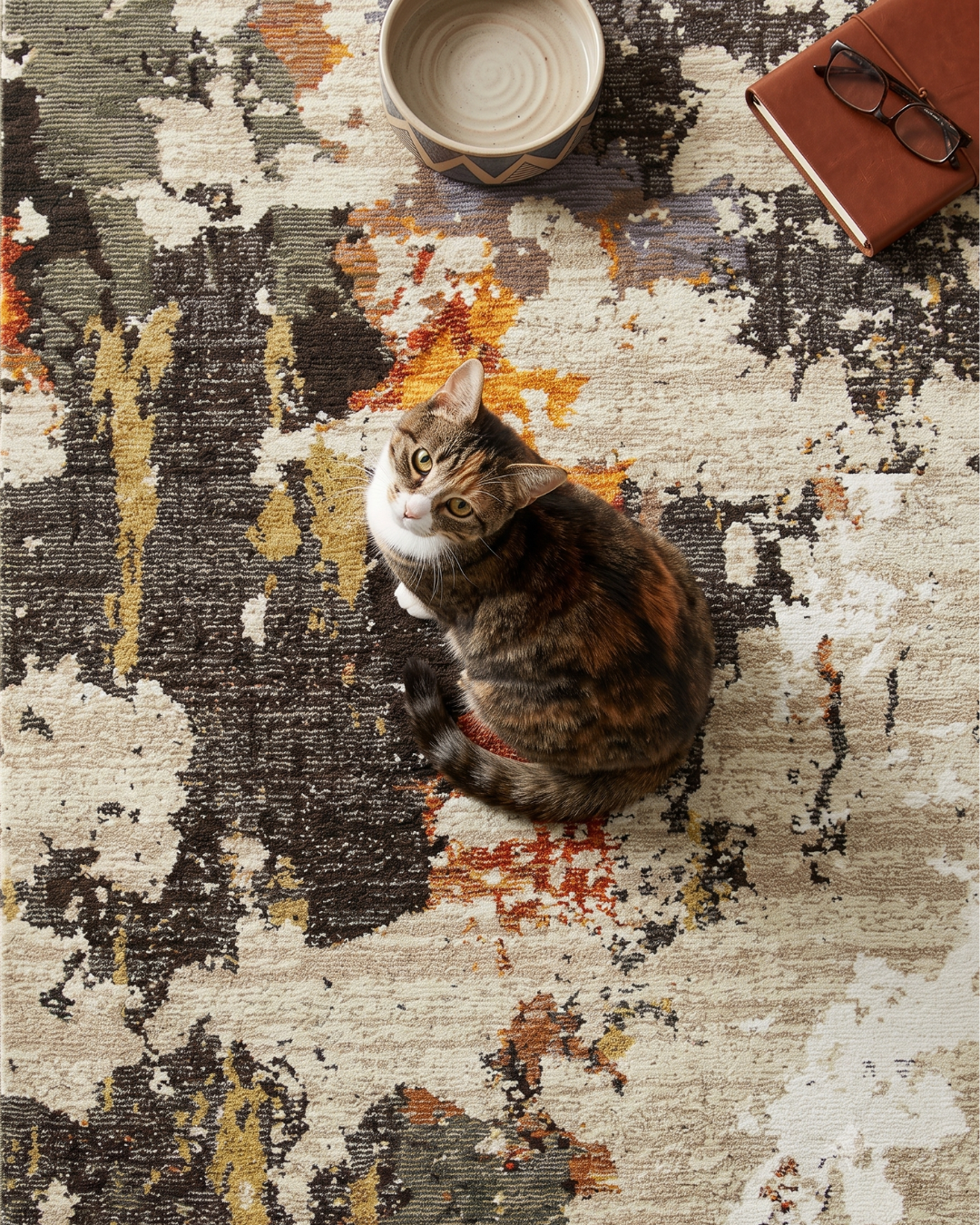 Oriental Weavers Evolution 7770J Beige Charcoal abstract rug with cat
