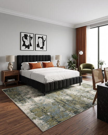 Oriental Weavers Evolution 8039E Blue Green abstract rug in contemporary bedroom