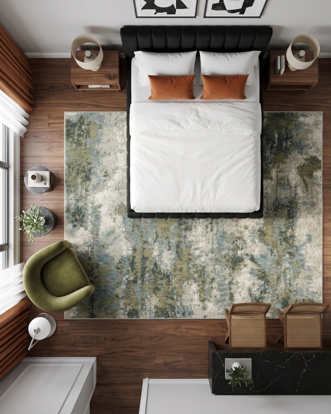 Oriental Weavers Evolution 8039E Blue Green rug in modern bedroom overhead view