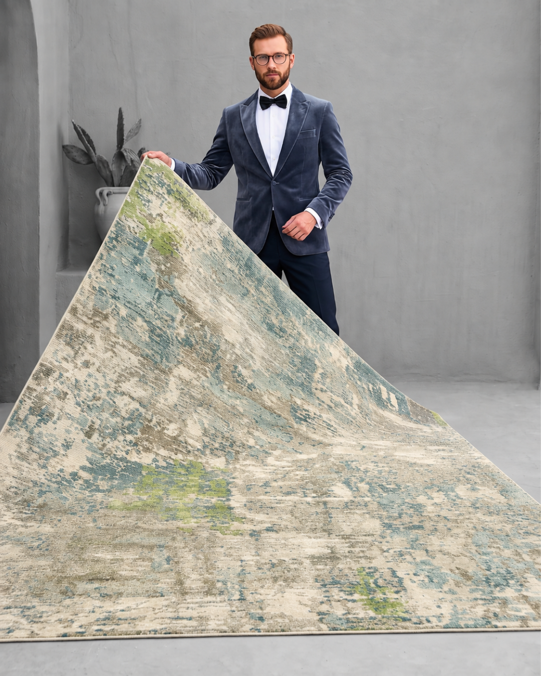 Oriental Weavers Formations 70007 Blue Green rug held by man for size reference