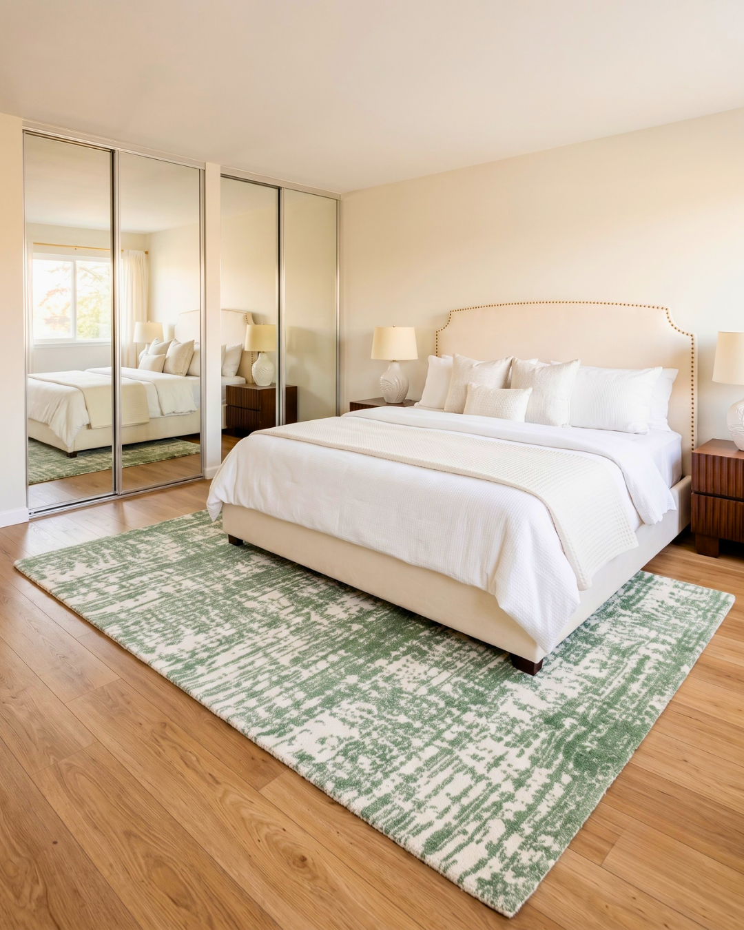 Oriental Weavers Galileo GAL09 Green Ivory abstract rug in contemporary bedroom