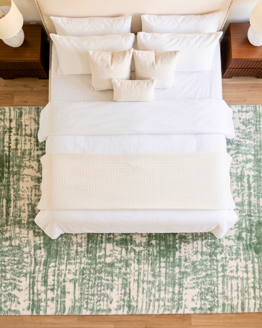 Oriental Weavers Galileo GAL09 Green Ivory abstract rug bedroom overhead view