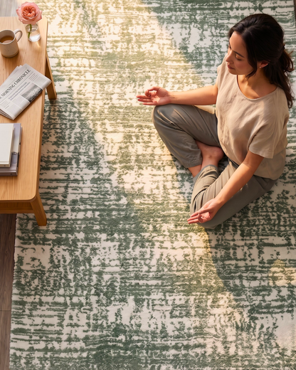 Oriental Weavers Galileo GAL09 Green Ivory abstract rug with woman relaxing