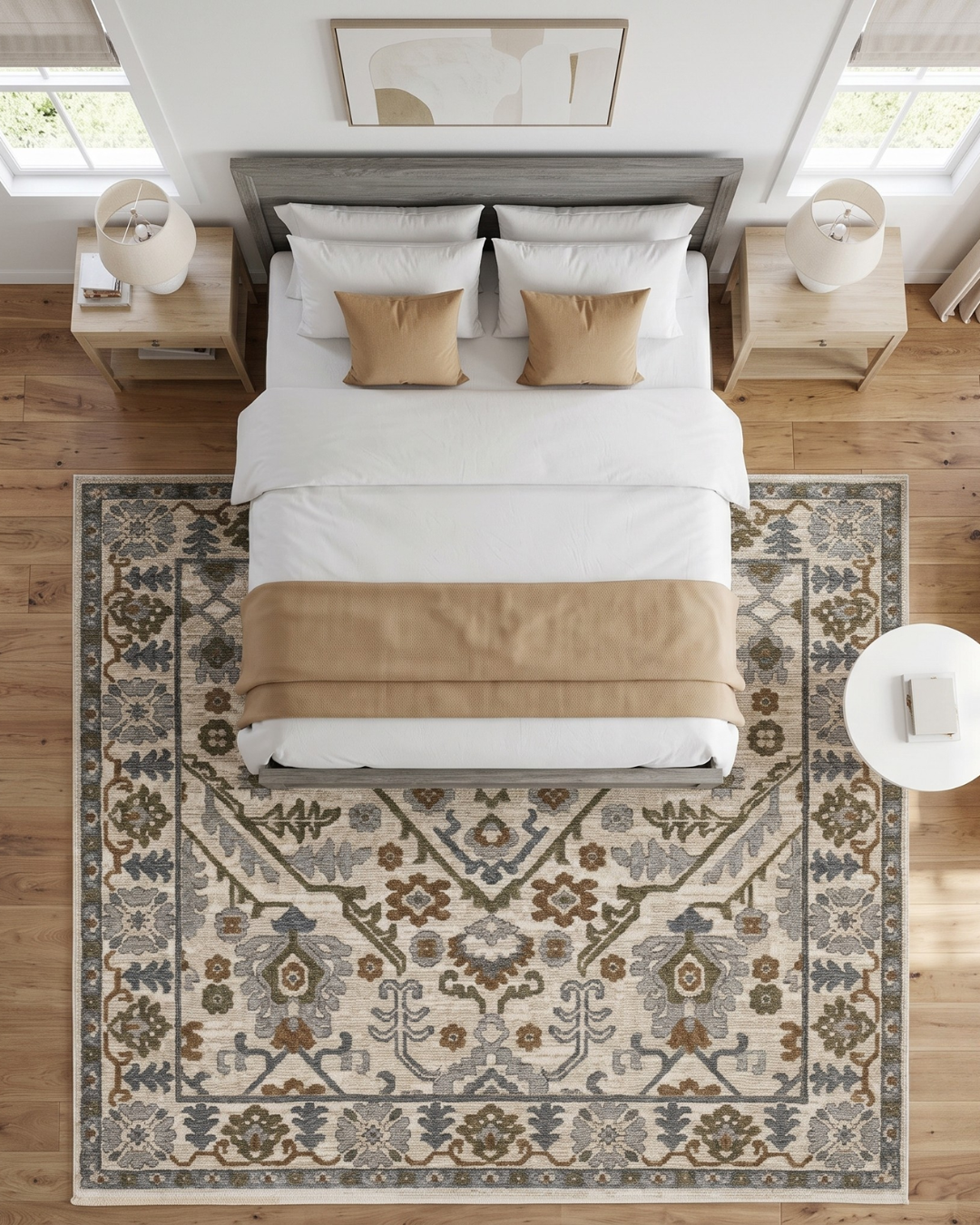 Oriental Weavers Hastings HA02I Ivory Rust traditional rug in bedroom overhead view
