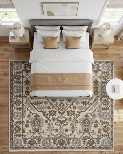 Oriental Weavers Hastings HA02I Ivory Rust traditional rug in bedroom overhead view