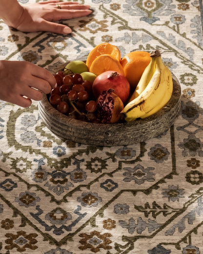 Oriental Weavers Hastings HA02I Ivory Rust traditional rug styled with fruit bowl