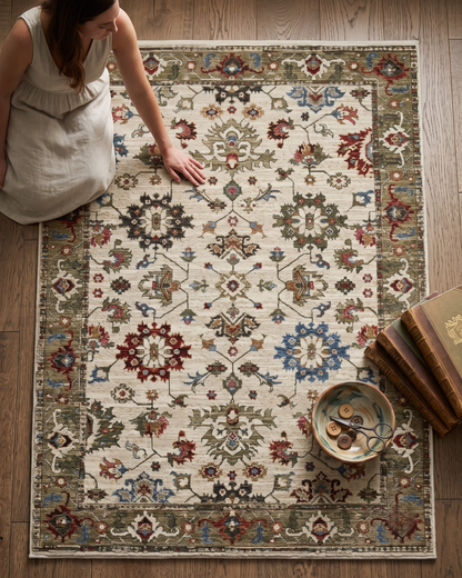 Oriental Weavers Hastings HA03W Ivory Green traditional rug style shot with woman