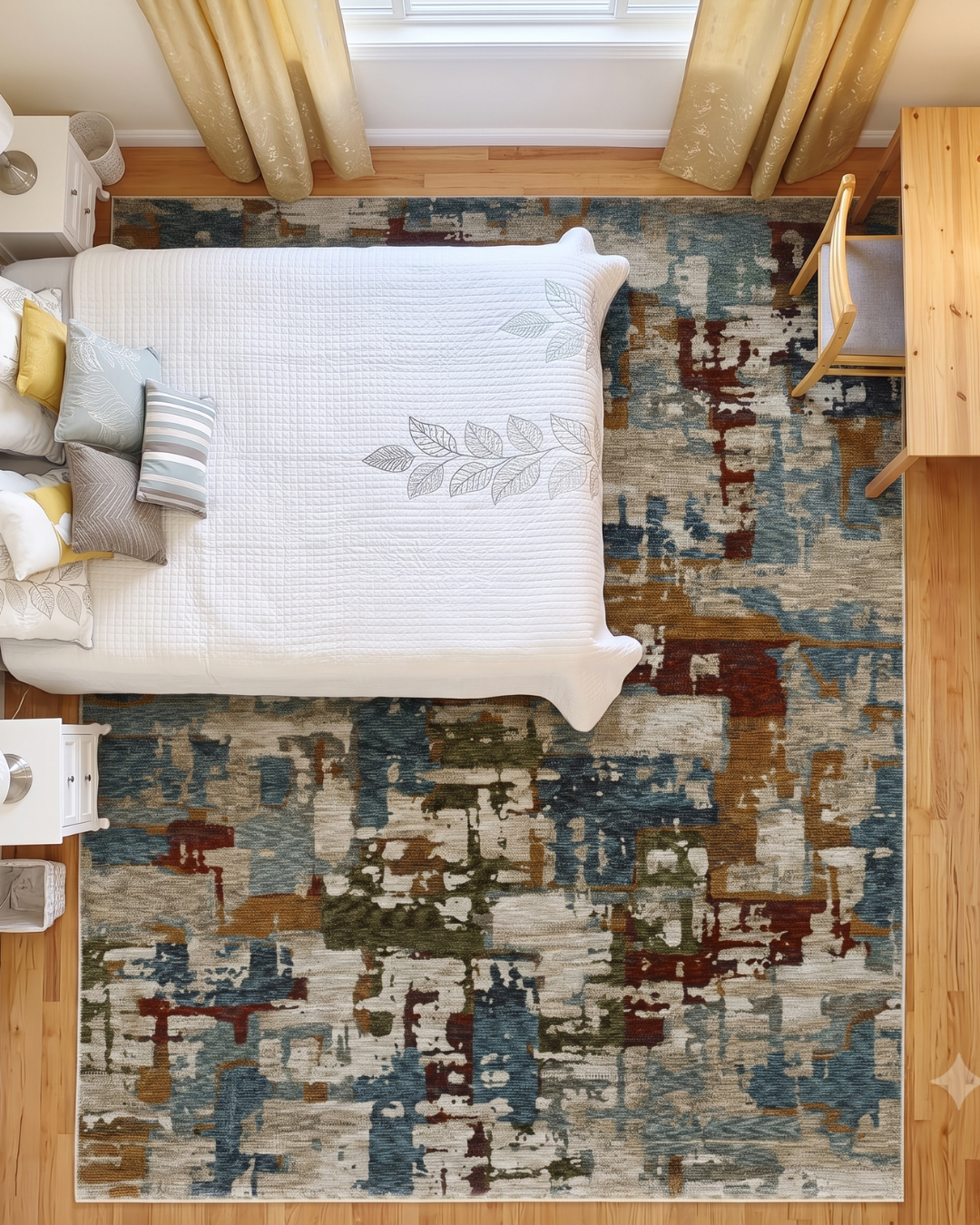 Oriental Weavers Hayden HAY02 Beige Multi abstract rug bedroom overhead view