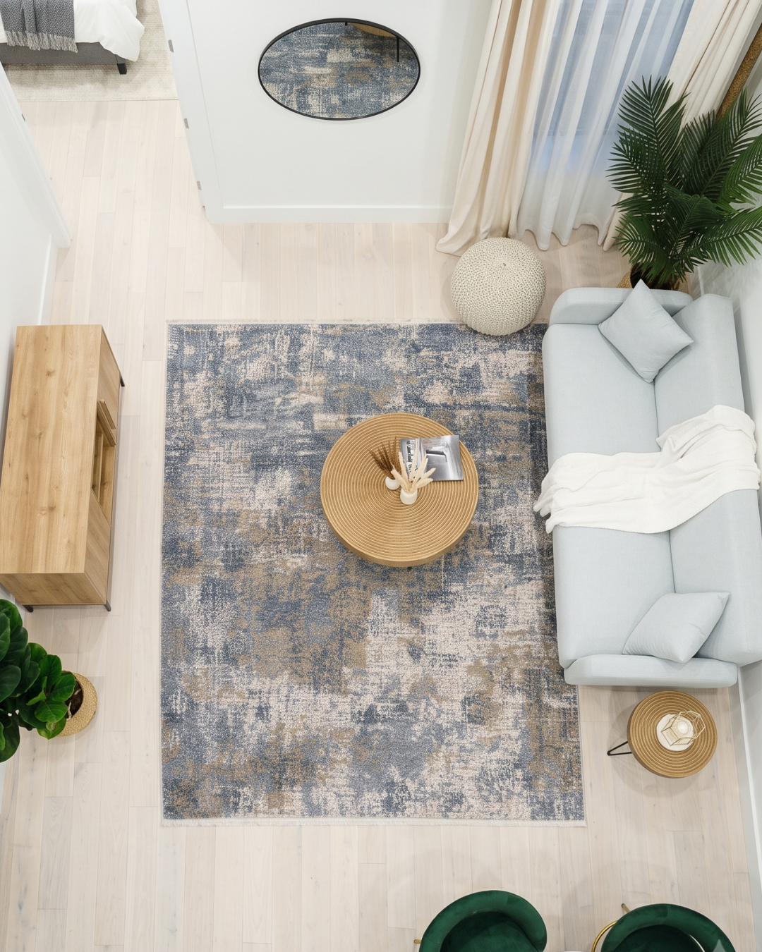 Oriental Weavers Hayden HAY08 Beige Blue rug in modern living room overhead view