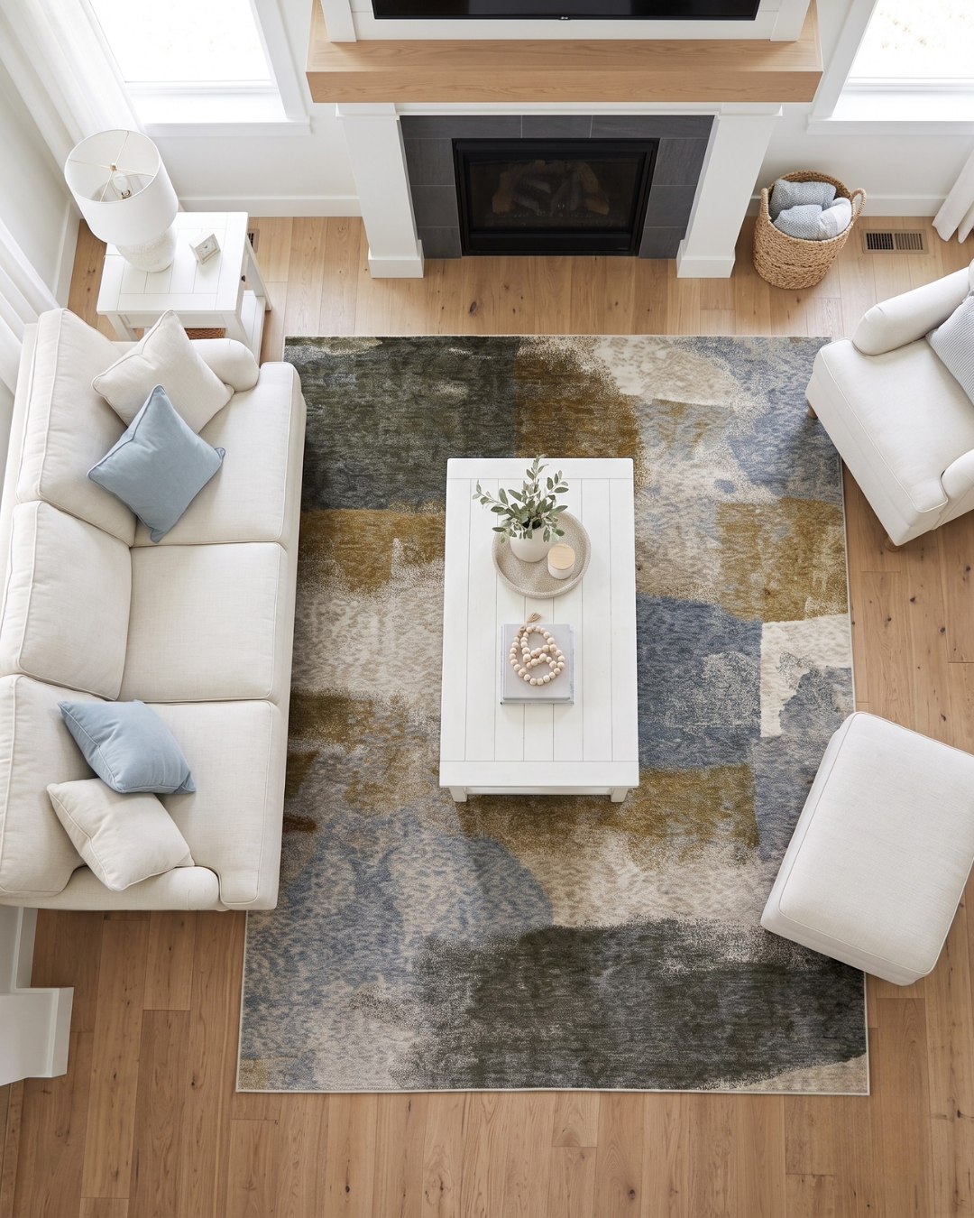 Oriental Weavers Hayden HAY09 Beige Gold abstract rug living room overhead view
