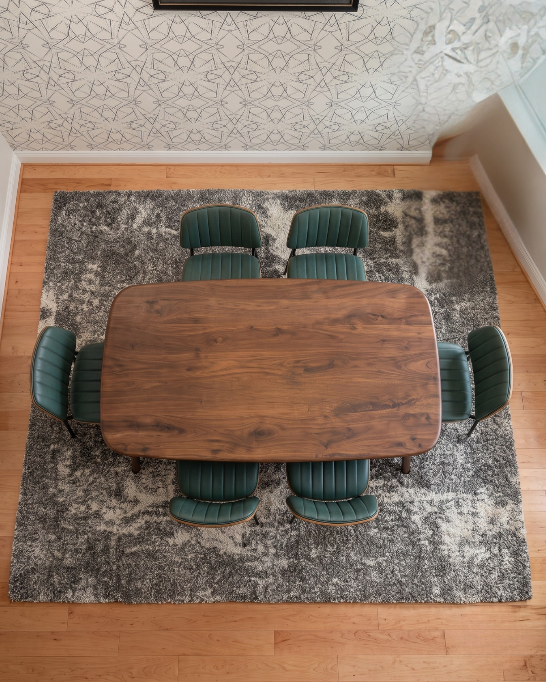 Oriental Weavers Henderson 5503H Grey Ivory shag rug beneath modern dining table overhead view