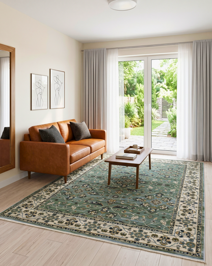 Oriental Weavers Keira KEI07 Blue Green traditional rug in modern living room