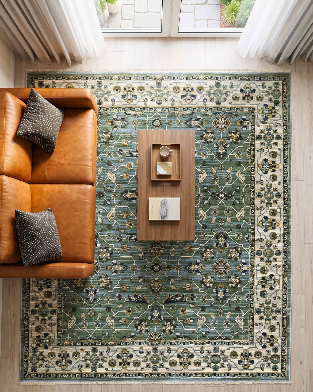 Oriental Weavers Keira KEI07 Blue Green traditional living room rug overhead view