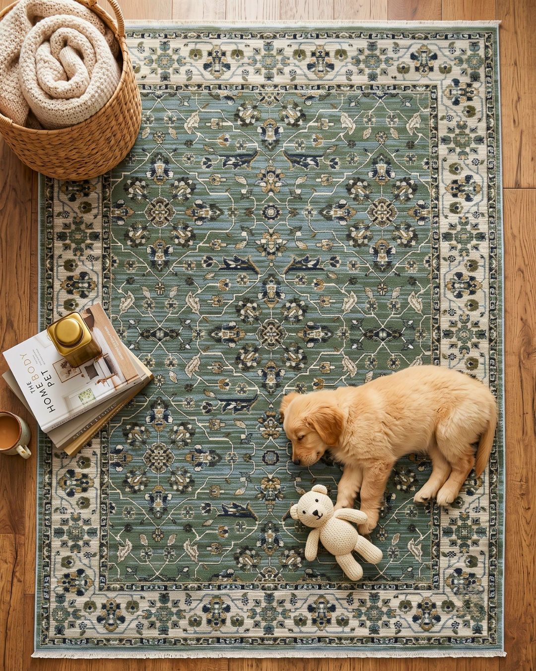 Oriental Weavers Keira KEI07 Blue Green traditional rug with sleeping puppy