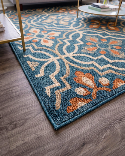 Oriental Weavers Latitude 709B3 Teal Orange geometric rug corner detail
