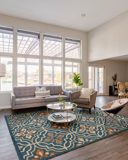 Oriental Weavers Latitude 709B3 Teal Orange geometric rug in modern living room
