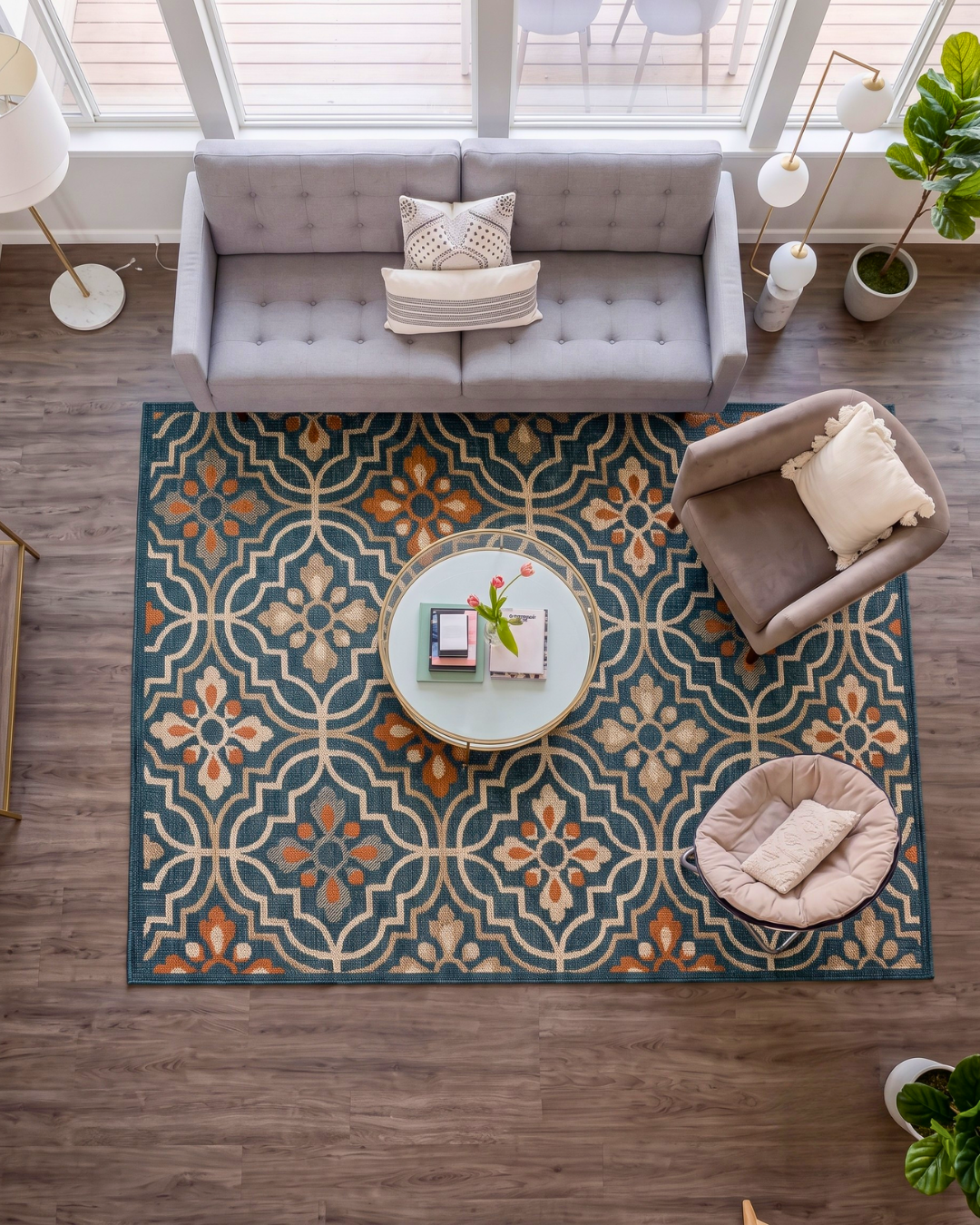 Oriental Weavers Latitude 709B3 Teal Orange geometric living room rug overhead view