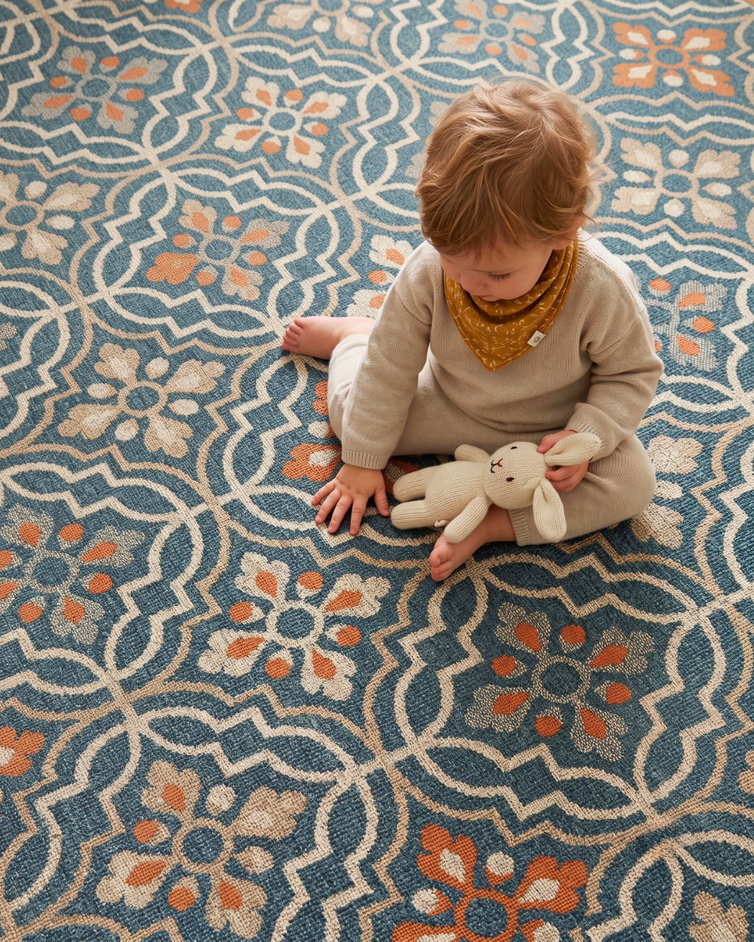 Oriental Weavers Latitude 709B3 Teal Orange geometric rug with toddler playing