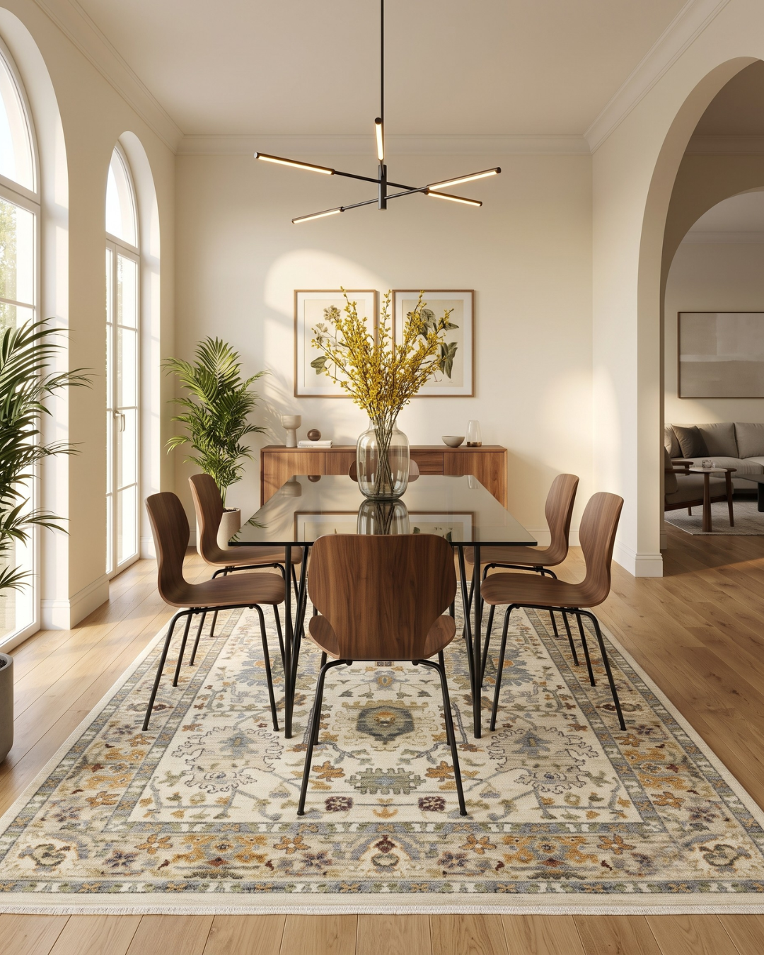 Oriental Weavers Lucca 2063Y Ivory Multi traditional floral rug under glass dining table