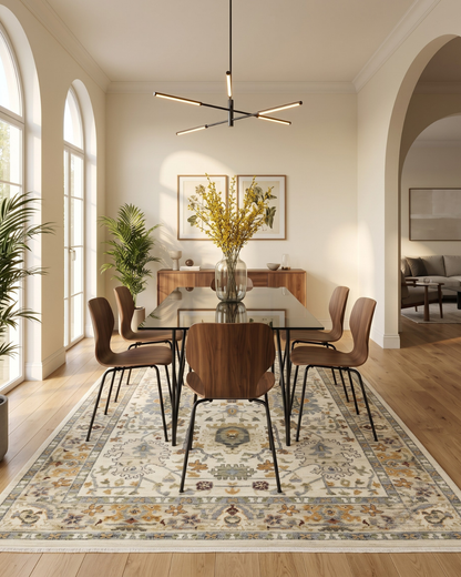 Oriental Weavers Lucca 2063Y Ivory Multi traditional floral rug under glass dining table