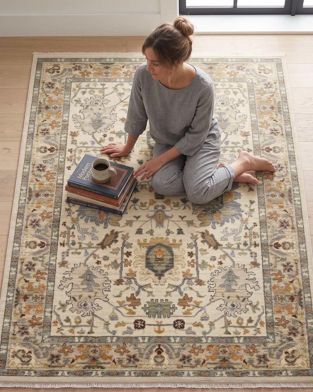 Oriental Weavers Lucca 2063Y Ivory Multi ivory floral rug lifestyle with person