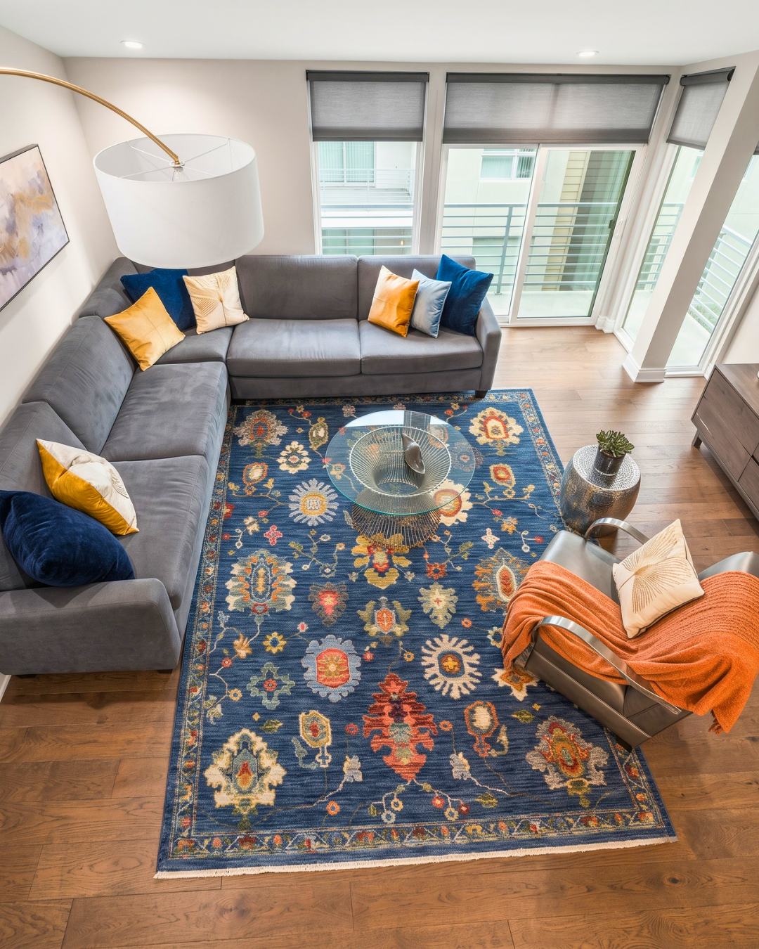 Oriental Weavers Lucca 2863B Blue Multi floral rug overhead living room view